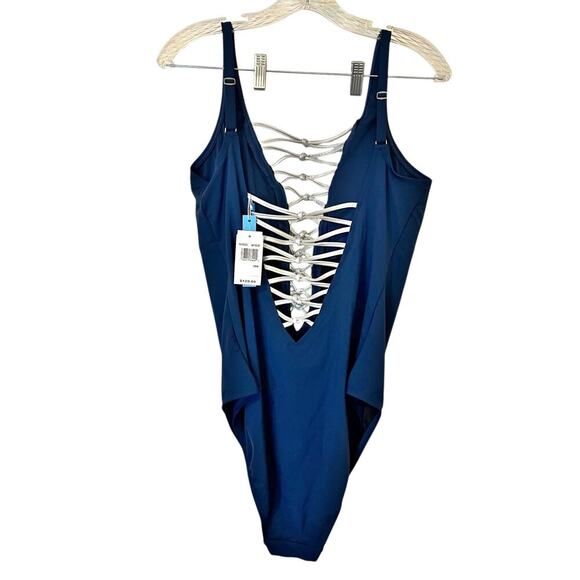 Bleu Rod Beattie Knotty Lace Down One-Piece Swimsuit Navy/Silver Size 18W NWT - Picture 5 of 12